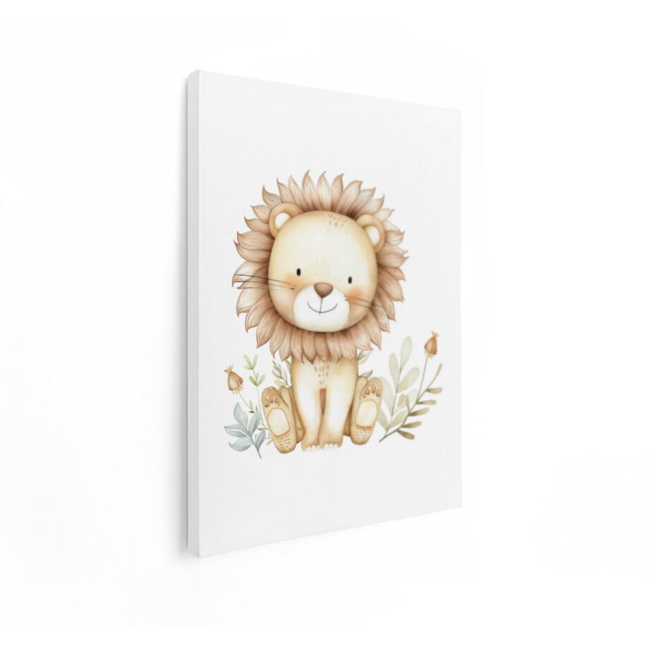 Artaza Canvas Schilderij Schattige Aquarel Leeuw Zittend in Groen Gras met Bloemen - 30x40 cm - Klein - Wanddecoratie Woonkamer - Schilderijen - Muurdecoratie afbeelding 1