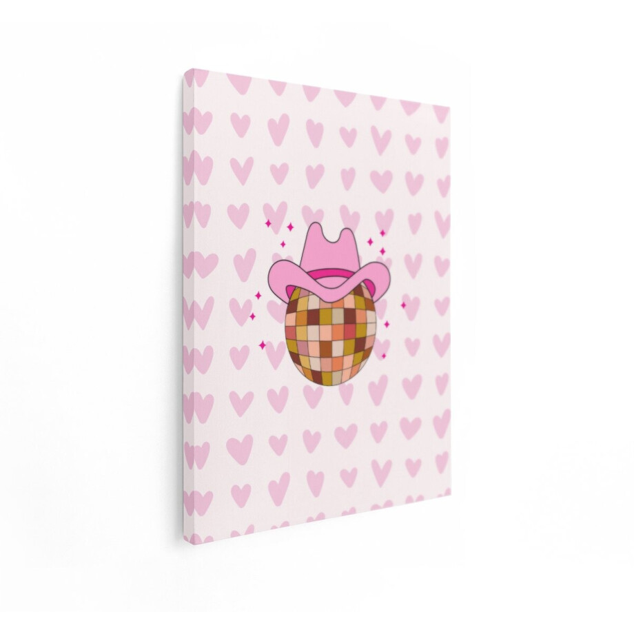 Artaza Canvas Schilderij Roze Cowboyhoed op Discobal met Hartjespatroon op de Achtergrond - 90x120 cm - Groot - Wanddecoratie Woonkamer - Schilderijen - Muurdecoratie afbeelding 1