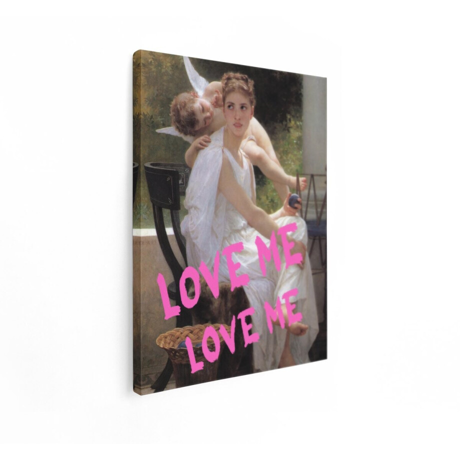 Artaza Canvas Schilderij Klassieke Schilderkunst met Cupido en Vrouw - met Moderne Tekst 'Love Me' - 30x40 cm - Klein - Wanddecoratie Woonkamer - Schilderijen - Muurdecoratie afbeelding 1