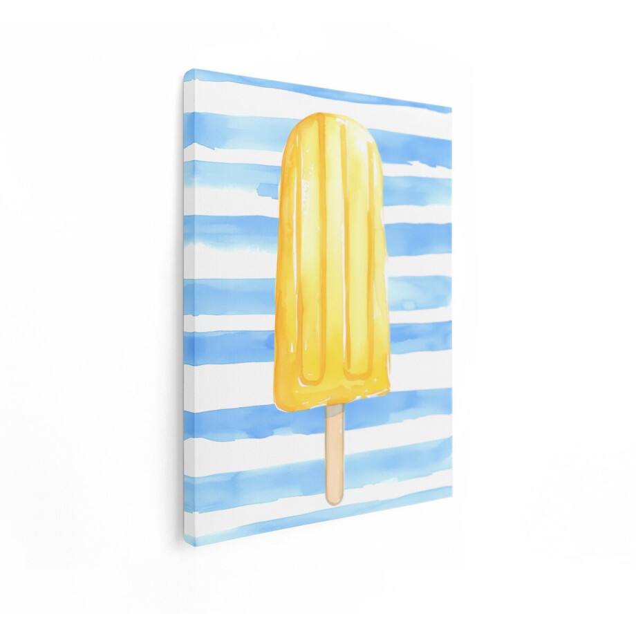 Artaza Canvas Schilderij Zomers Geel Waterijsje op een Achtergrond met Blauwe Strepen - 90x120 cm - Groot - Wanddecoratie Woonkamer - Schilderijen - Muurdecoratie afbeelding 1