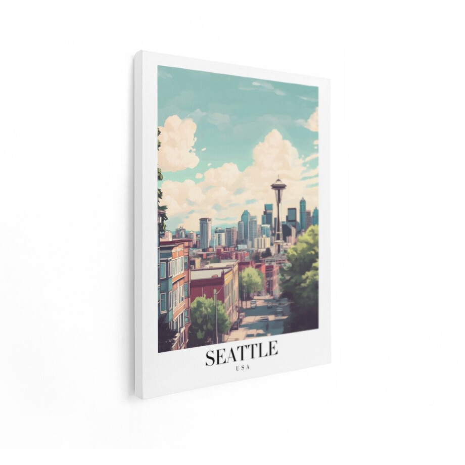 Artaza Canvas Schilderij Seattle Skyline met de Space Needle en Wolkenkrabbers onder een Blauwe Hemel - 90x120 cm - Groot - Wanddecoratie Woonkamer - Schilderijen - Muurdecoratie afbeelding 1