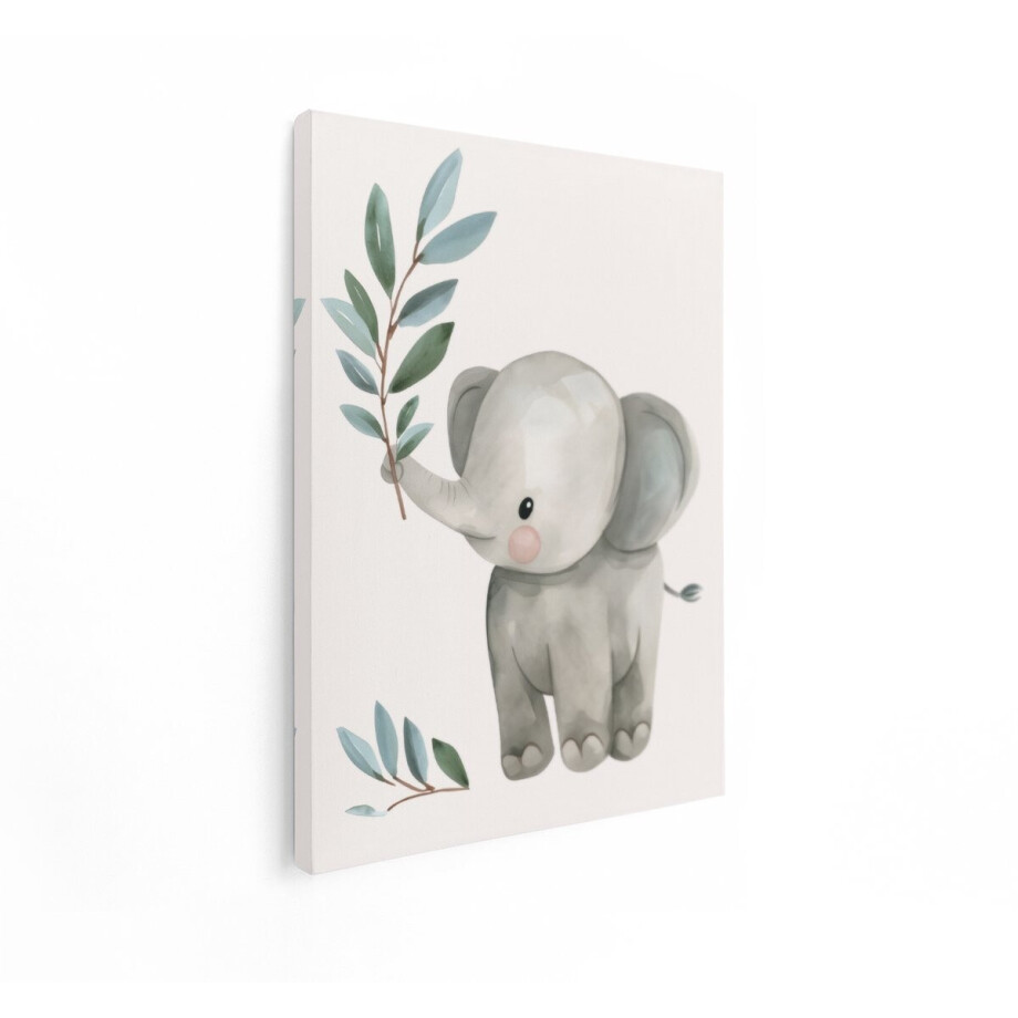 Artaza Canvas Schilderij Schattige Aquarel Olifant met Takje Groen Blad - Babykamer Decoratie - 60x80 cm - Wanddecoratie Woonkamer - Schilderijen - Muurdecoratie afbeelding 1