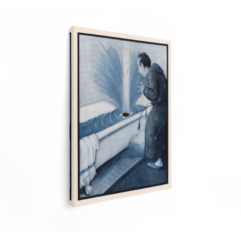 Artaza Canvas Schilderij Monnik Kijkt Verbaasd Naar een Badkuip Die Overstroomt door een Mysterieus Gat - 60x80 cm - Wanddecoratie Woonkamer - Schilderijen - Muurdecoratie afbeelding 1