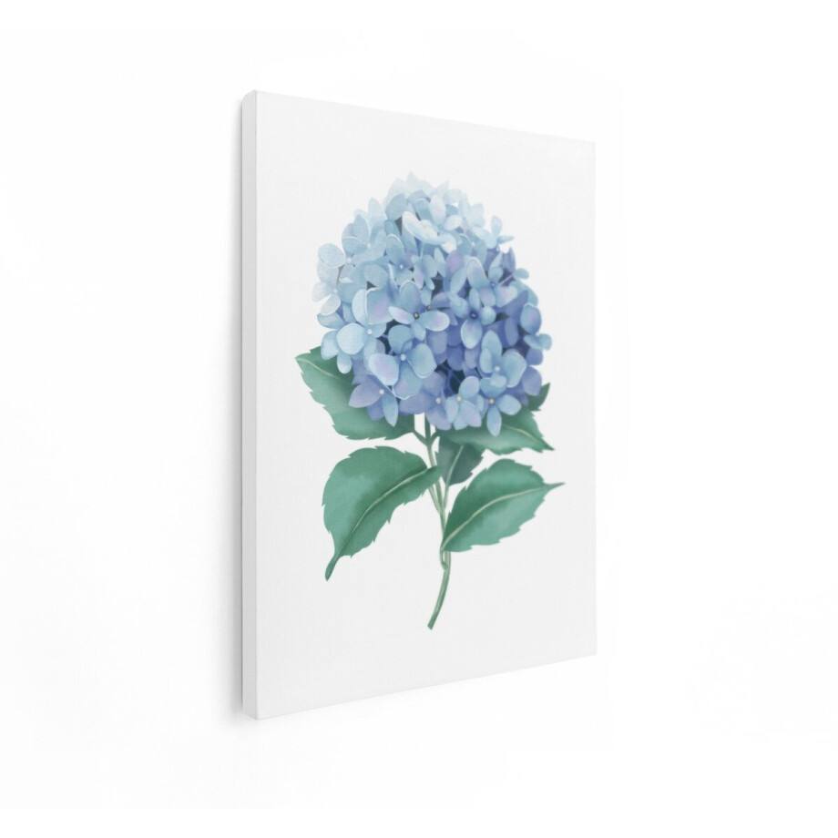 Artaza Canvas Schilderij Blauwe Hortensia Bloem in Aquarel Stijl met Groene Bladeren - 90x120 cm - Groot - Wanddecoratie Woonkamer - Schilderijen - Muurdecoratie afbeelding 1