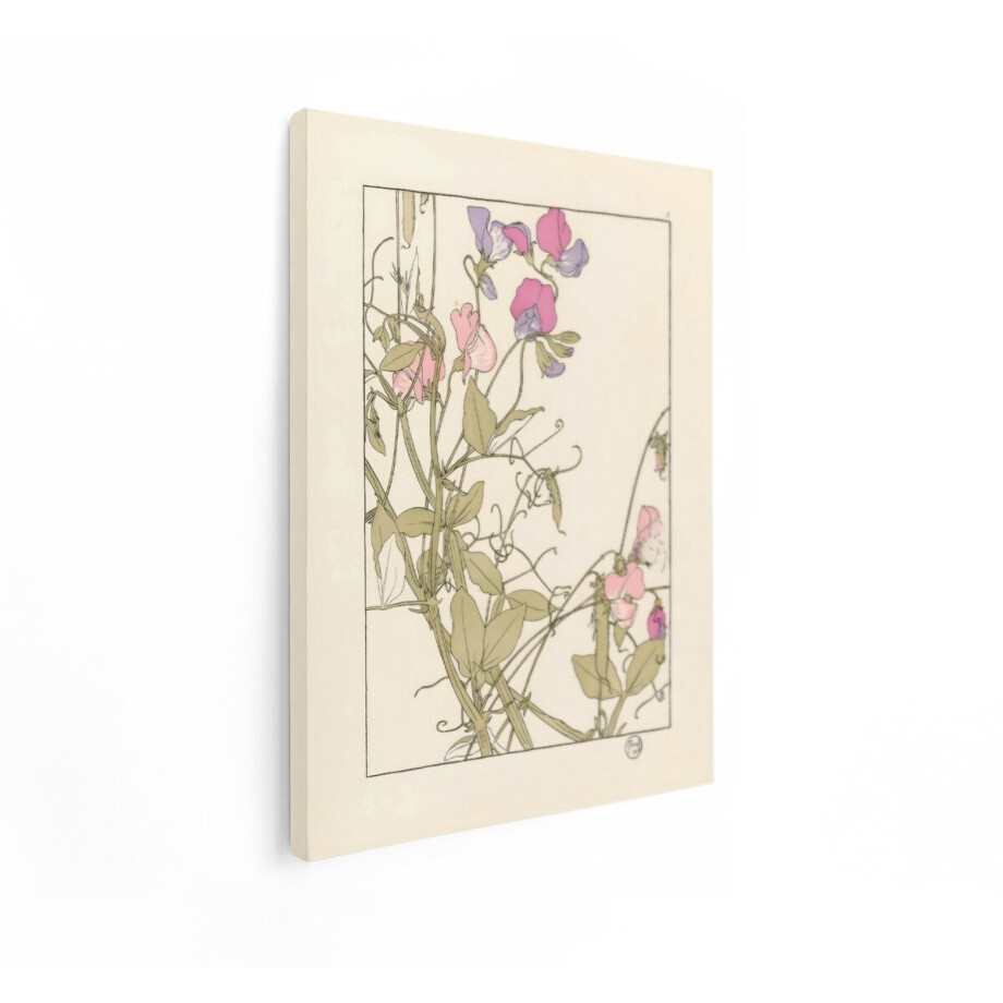Artaza Canvas Schilderij Art Nouveau Lathyrus Odoratus Bloemen en Bladeren in Pastelkleuren - 30x40 cm - Klein - Wanddecoratie Woonkamer - Schilderijen - Muurdecoratie afbeelding 1