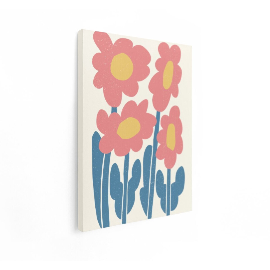 Artaza Canvas Schilderij Vrolijke Abstracte Bloemen met Roze Bloemblaadjes en Gele Middelpunten - 90x120 cm - Groot - Wanddecoratie Woonkamer - Schilderijen - Muurdecoratie afbeelding 1