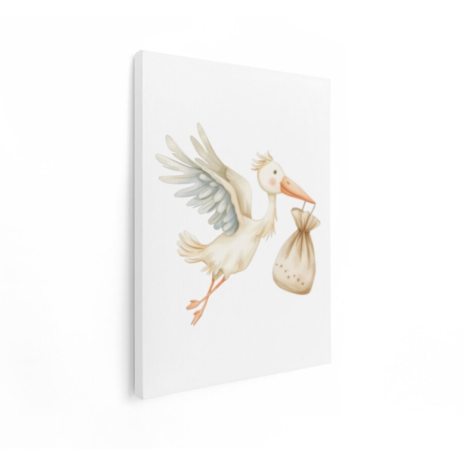 Artaza Canvas Schilderij Schattige Ooievaar met Babyzakje in de Snavel - Aquarel Illustratie - 90x120 cm - Groot - Wanddecoratie Woonkamer - Schilderijen - Muurdecoratie afbeelding 1