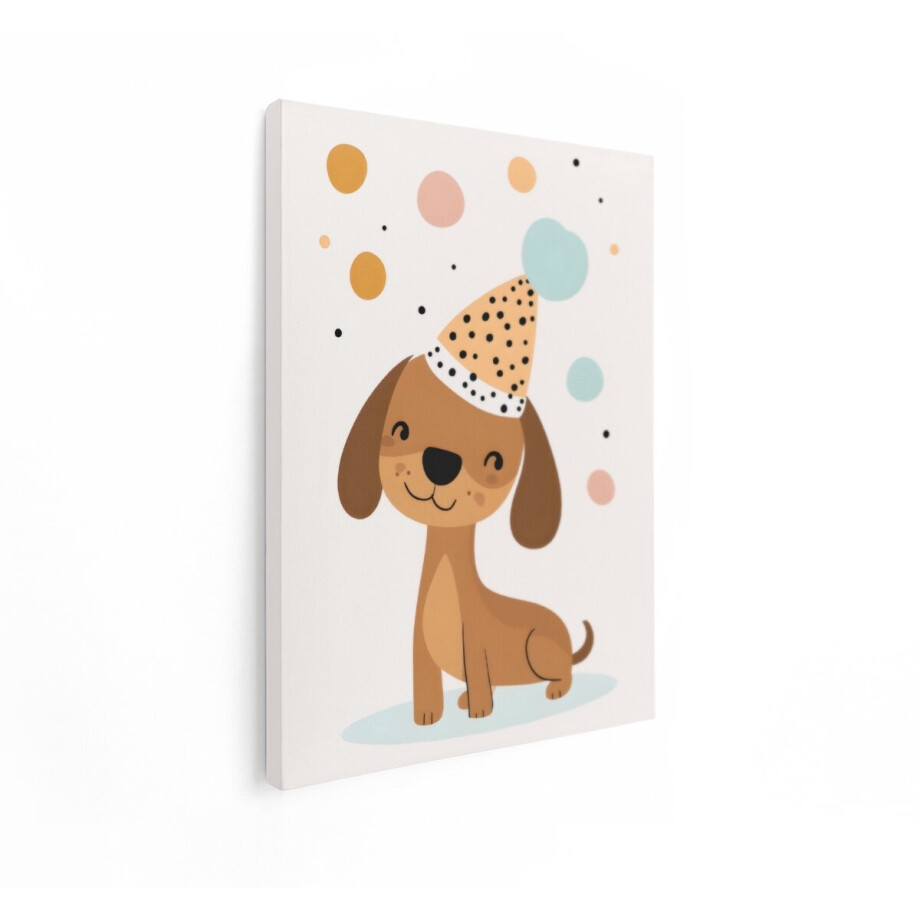 Artaza Canvas Schilderij Vrolijke Cartoon Hond met Feestmuts en Ballonnen - Kinderillustratie - 30x40 cm - Klein - Wanddecoratie Woonkamer - Schilderijen - Muurdecoratie afbeelding 1