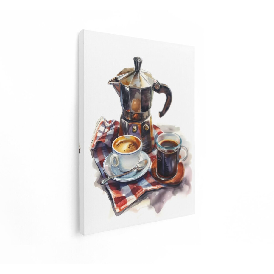Artaza Canvas Schilderij Verse Koffie Uit een Mokkapot met een Kopje Espresso en een Mok Zwarte Koffie - 90x120 cm - Groot - Wanddecoratie Woonkamer - Schilderijen - Muurdecoratie afbeelding 1