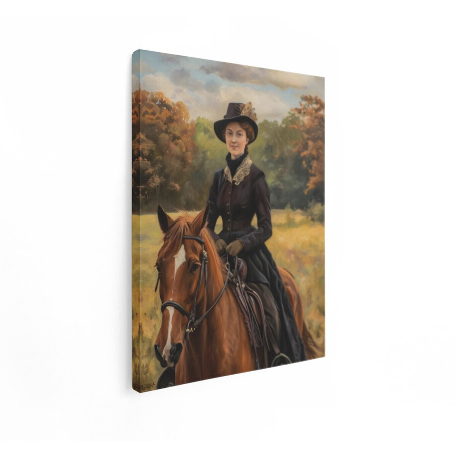 Artaza Canvas Schilderij Portret van een Dame Te Paard in Historische Kledij - Olieverfschilderij - 90x120 cm - Groot - Wanddecoratie Woonkamer - Schilderijen - Muurdecoratie afbeelding 1