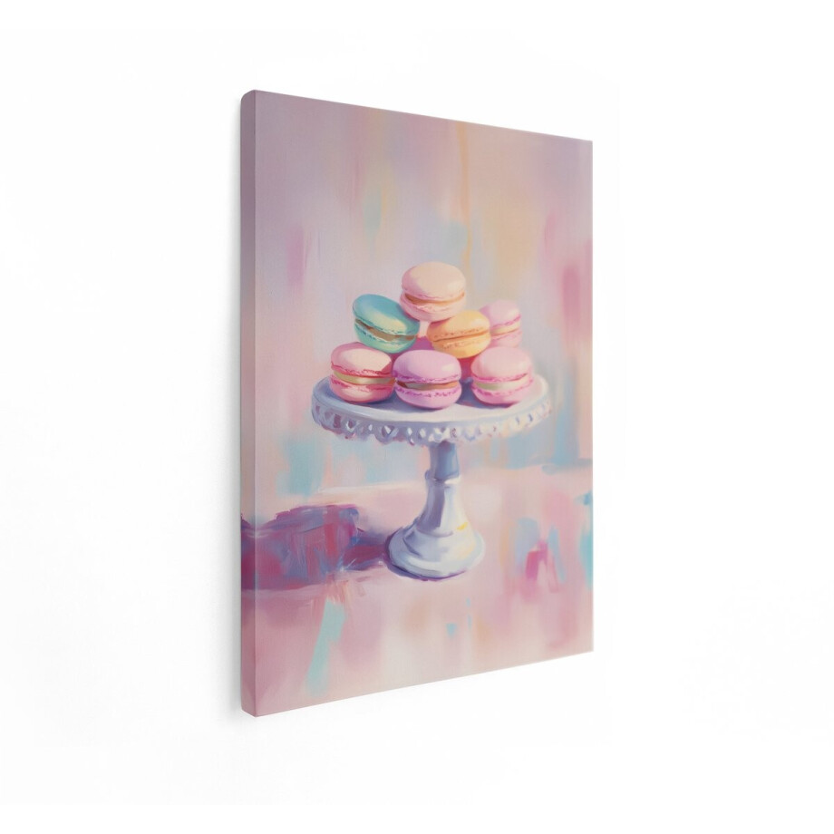 Artaza Canvas Schilderij Zachte Pastelkleurige Macarons op een Witte Taartstandaard - Schilderachtige Weergave - 90x120 cm - Groot - Wanddecoratie Woonkamer - Schilderijen - Muurdecoratie afbeelding 1