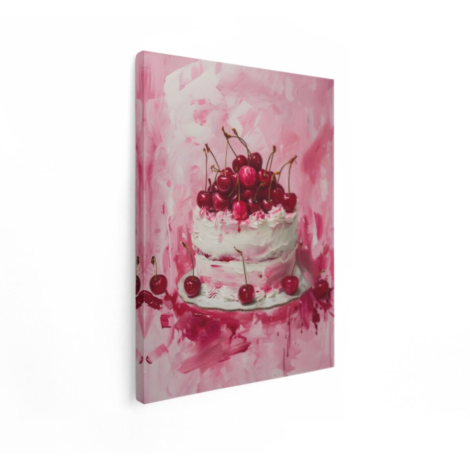 Artaza Canvas Schilderij Taart Met Kersen - 90x120 cm - Wanddecoratie Stilleven - Muurdecoratie Roze - Decoratie Keuken Schilderijen afbeelding 1