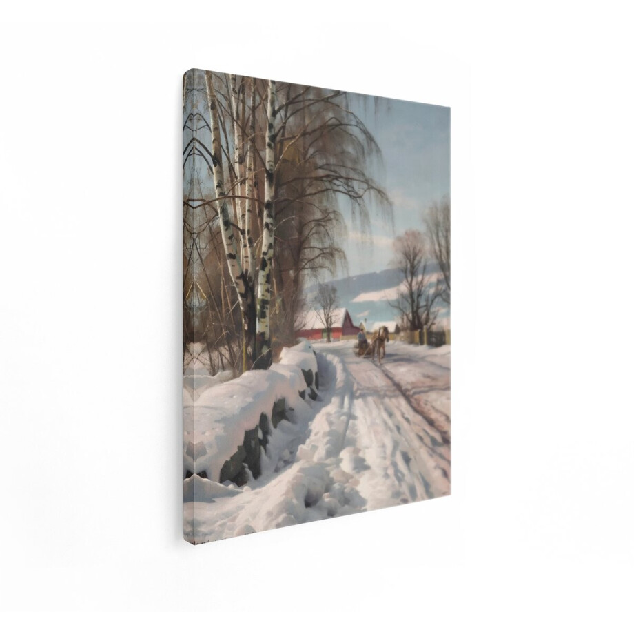 Artaza Canvas Schilderij Paard en Slee Rijden door Besneeuwd Landschap met Berkenbomen - 90x120 cm - Groot - Wanddecoratie Woonkamer - Schilderijen - Muurdecoratie afbeelding 1