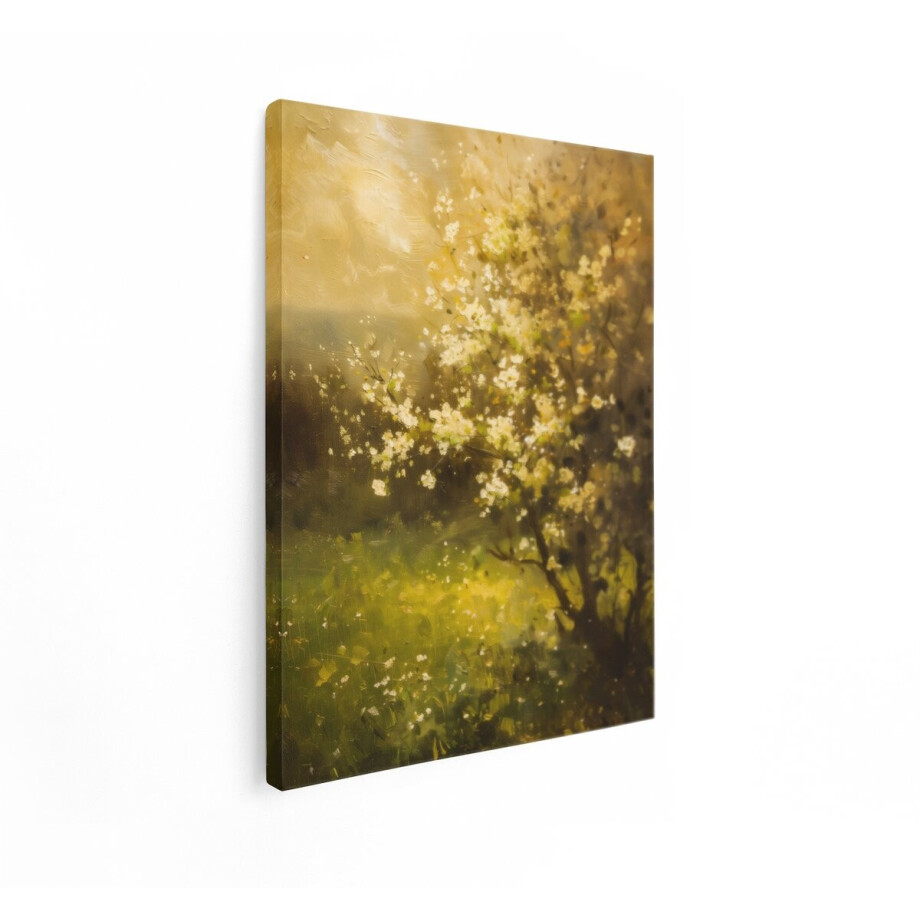 Artaza Canvas Schilderij Schilderij van een Bloeiende Boom in een Zonnig - Groen Landschap - 90x120 cm - Groot - Wanddecoratie Woonkamer - Schilderijen - Muurdecoratie afbeelding 1