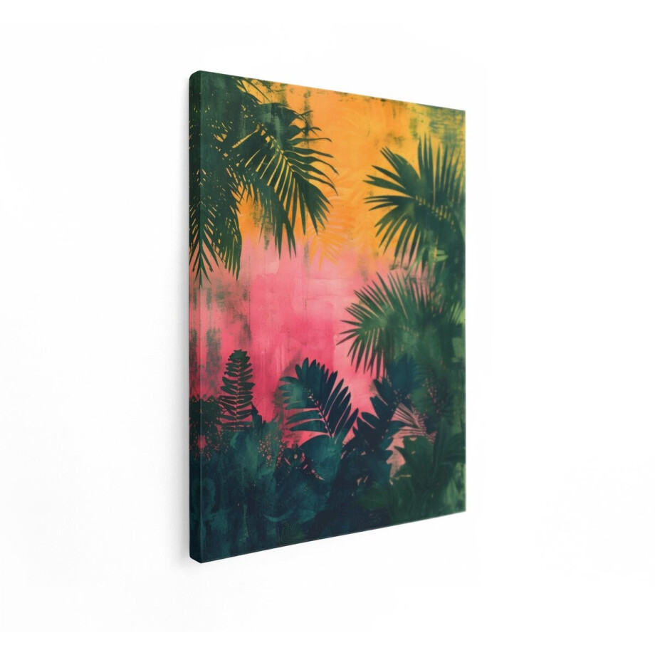 Artaza Canvas Schilderij Tropische Jungle - 60x80 cm - Wanddecoratie Palmbladeren - Muurdecoratie Zonsondergang - Boho Decoratie - Roze afbeelding 1