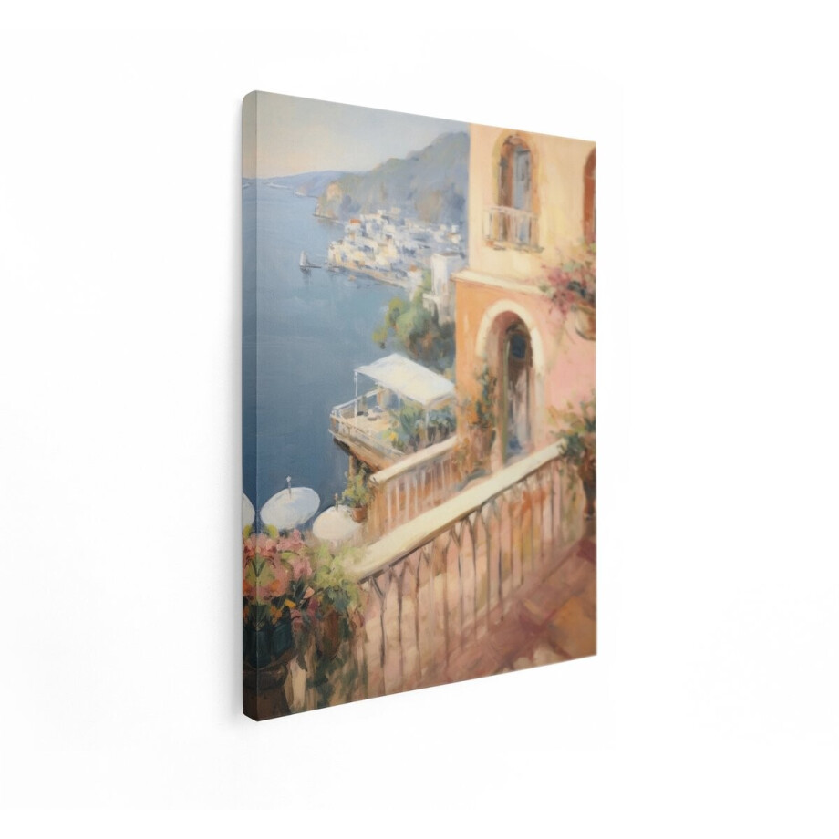 Artaza Canvas Schilderij Schilderachtige Italiaanse Kustplaats met Balkon en Uitzicht op de Zee - 90x120 cm - Groot - Wanddecoratie Woonkamer - Schilderijen - Muurdecoratie afbeelding 1