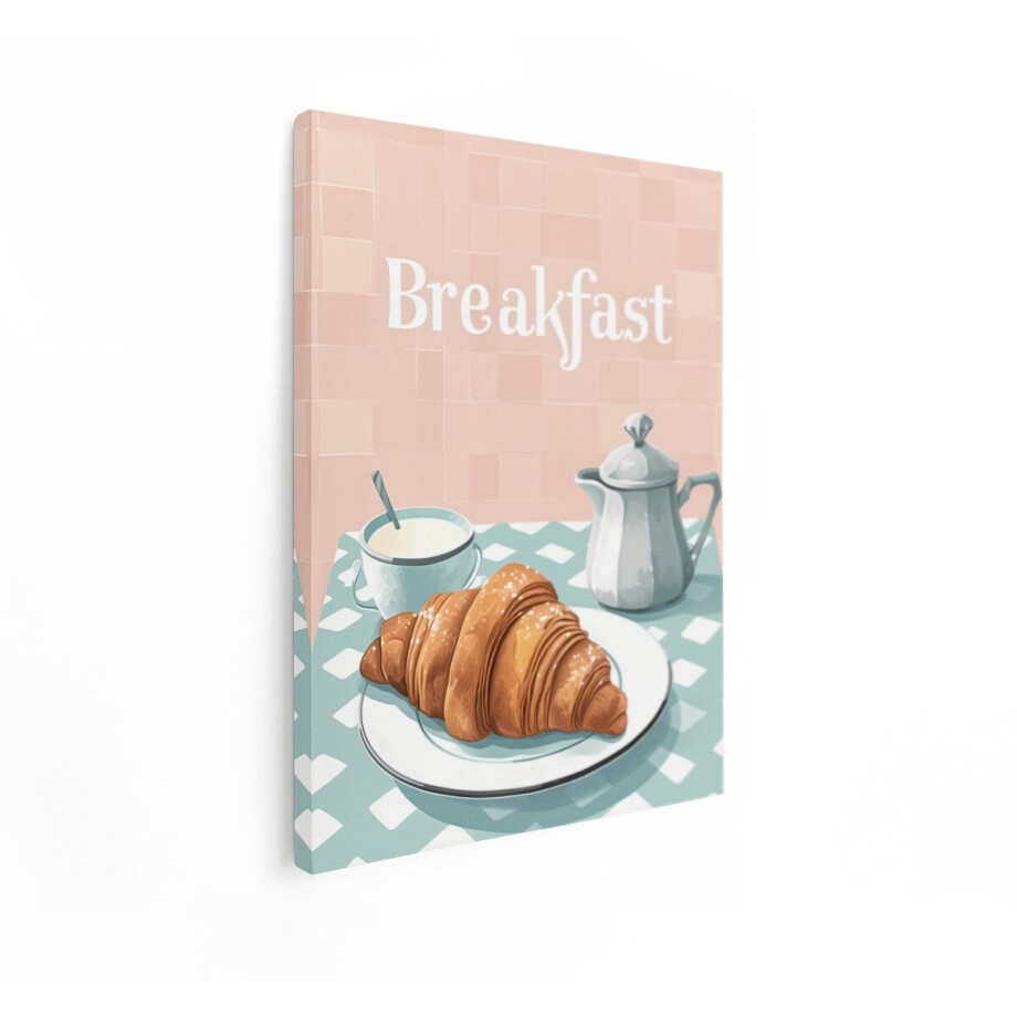 Artaza Canvas Schilderij Gouden Croissant met Koffie en Melk op een Pastelkleurige Tafel - 60x80 cm - Wanddecoratie Woonkamer - Schilderijen - Muurdecoratie afbeelding 1