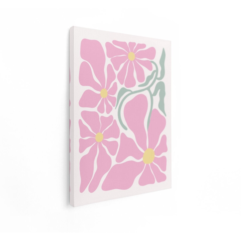Artaza Canvas Schilderij Abstracte Roze Bloemen met Gele Centers en Groene Bladeren op een Lichte Achtergrond - 30x40 cm - Klein - Wanddecoratie Woonkamer - Schilderijen - Muurdecoratie afbeelding 1