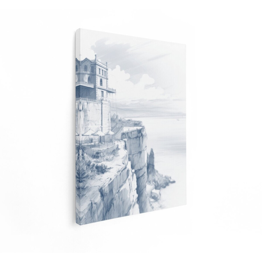 Artaza Canvas Schilderij Prachtig Gebouw op een Klif met Uitzicht op de Oceaan - Schets in Blauw - 90x120 cm - Groot - Wanddecoratie Woonkamer - Schilderijen - Muurdecoratie afbeelding 1