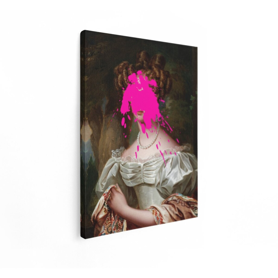Artaza Canvas Schilderij Klassiek Portret van een Dame met een Felle Roze Verfspat op haar Gezicht - 60x80 cm - Wanddecoratie Woonkamer - Schilderijen - Muurdecoratie afbeelding 1
