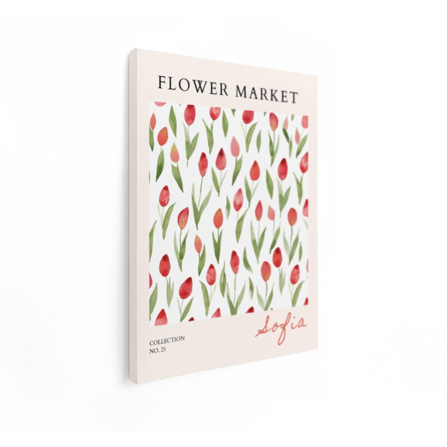 Artaza Canvas Schilderij Bloeiende Tulpen op een Poster met de Tekst "Flower Market" - 30x40 cm - Klein - Wanddecoratie Woonkamer - Schilderijen - Muurdecoratie afbeelding 1