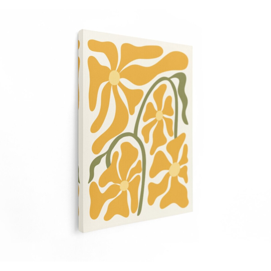 Artaza Canvas Schilderij Abstracte Gele Bloemen met Groene Stelen op een Crèmekleurige Achtergrond - 30x40 cm - Klein - Wanddecoratie Woonkamer - Schilderijen - Muurdecoratie afbeelding 1