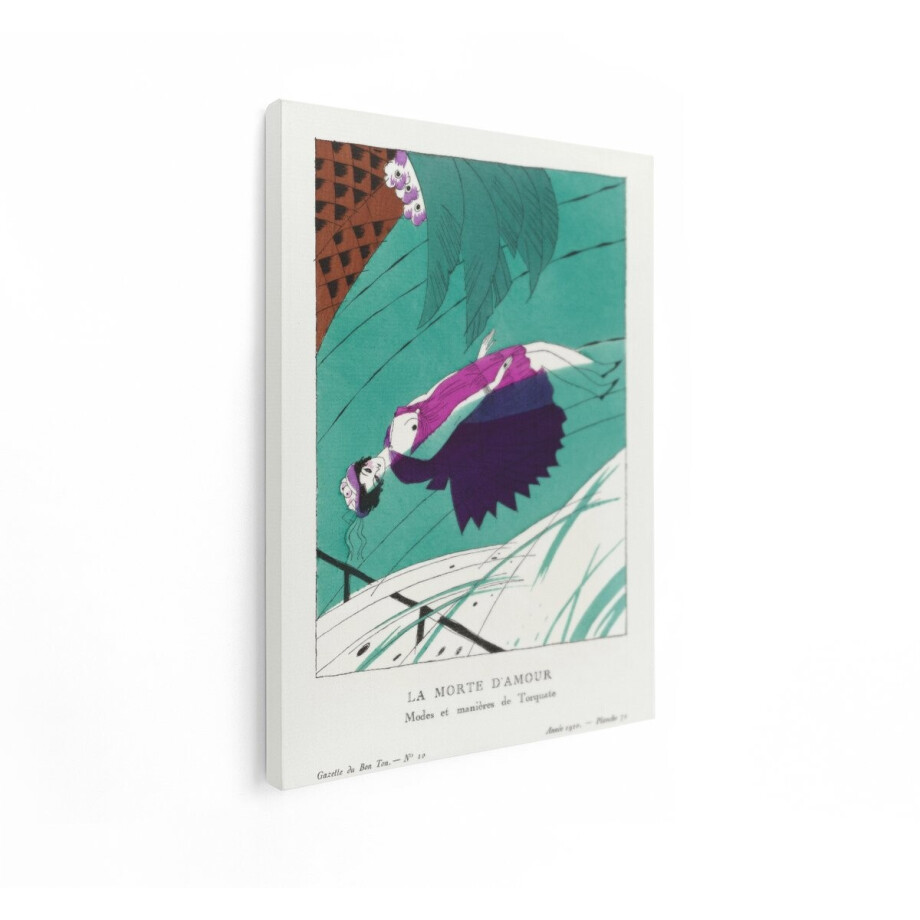 Artaza Canvas Schilderij Art Deco Modeillustratie van een Vrouw in een Paarse Jurk - Zwevend in de Lucht - 60x80 cm - Wanddecoratie Woonkamer - Schilderijen - Muurdecoratie afbeelding 1