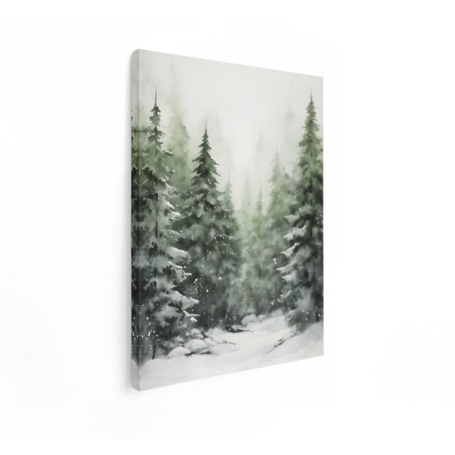 Artaza Canvas Schilderij Sneeuwval in een Mistig Dennenbos - Winterse Sfeer met Zachte Aquarel - 90x120 cm - Groot - Wanddecoratie Woonkamer - Schilderijen - Muurdecoratie afbeelding 1