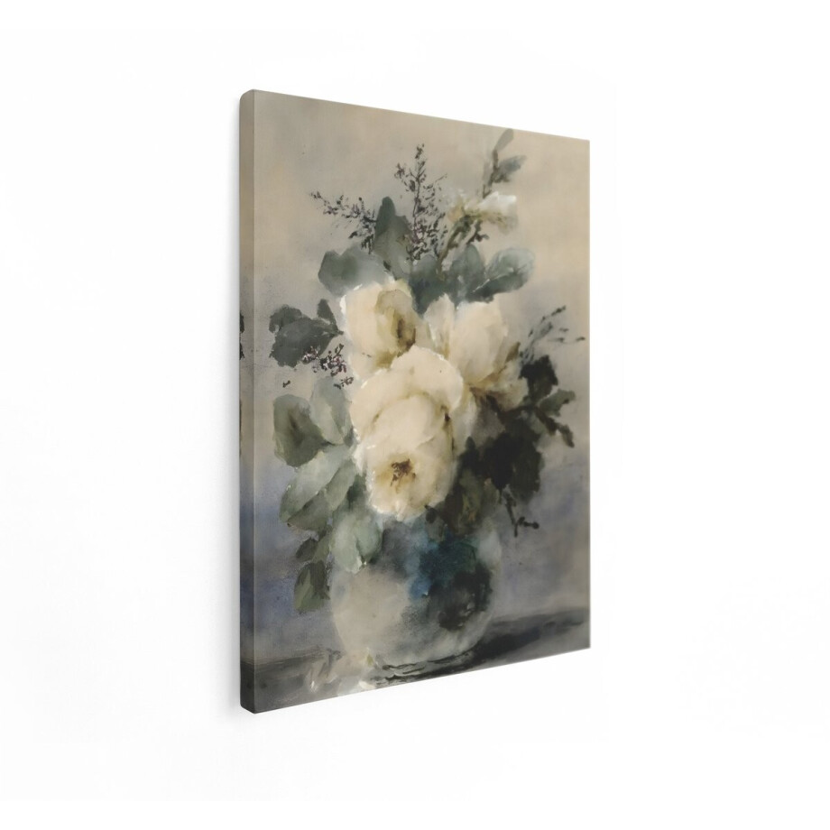 Artaza Canvas Schilderij Zachte Witte Rozen in een Vaas - Geschilderd in een Impressionistische Stijl - 30x40 cm - Klein - Wanddecoratie Woonkamer - Schilderijen - Muurdecoratie afbeelding 1