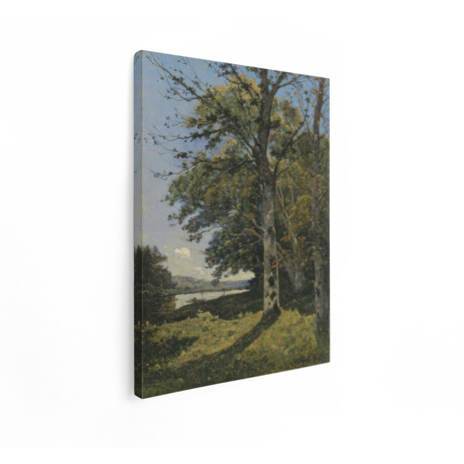 Artaza Canvas Schilderij Zomerse Bosrand met Uitzicht op een meer en Heuvels in de Verte - 30x40 cm - Klein - Wanddecoratie Woonkamer - Schilderijen - Muurdecoratie afbeelding 1