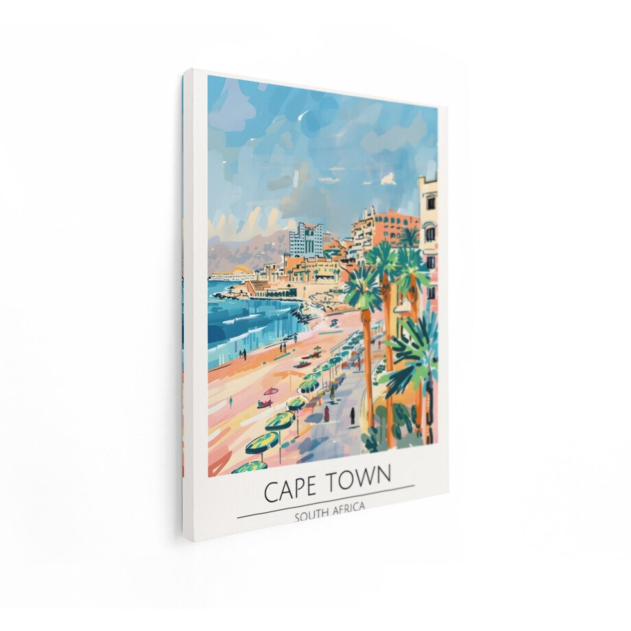 Artaza Canvas Schilderij Vrolijke Illustratie van de Kustlijn van Kaapstad met Palmbomen en Strandgangers - 30x40 cm - Klein - Wanddecoratie Woonkamer - Schilderijen - Muurdecoratie afbeelding 1