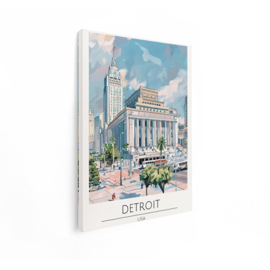 Artaza Canvas Schilderij Illustratie van de Skyline van Detroit met Iconische Gebouwen en Stadsleven - 30x40 cm - Klein - Wanddecoratie Woonkamer - Schilderijen - Muurdecoratie afbeelding 1