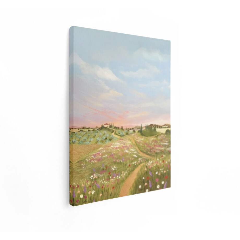 Artaza Canvas Schilderij Schilderachtige Toscaanse Heuvels met Bloemen en een Landhuis bij Zonsondergang - 60x80 cm - Wanddecoratie Woonkamer - Schilderijen - Muurdecoratie afbeelding 1