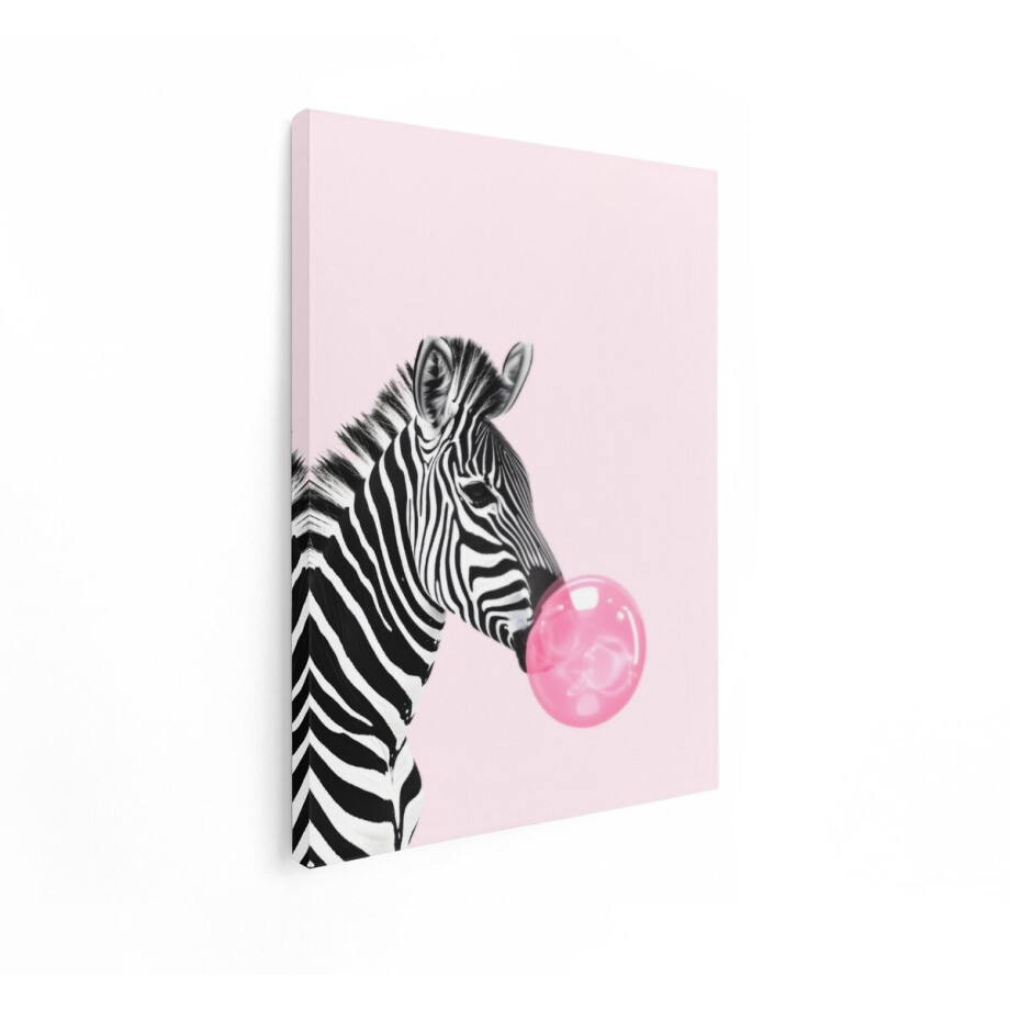 Artaza Canvas Schilderij Zebra Met Kauwgombal - 90x120 cm - Wanddecoratie Kinderkamer - Muurdecoratie Dieren - Decoratie Roze Babykamer afbeelding 1