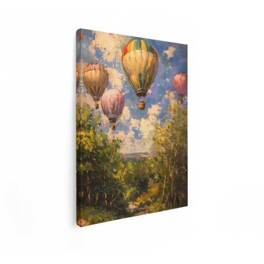 Artaza Canvas Schilderij Vier Kleurrijke Heteluchtballonnen Zweven boven een Weelderig Groen Landschap - 60x80 cm - Wanddecoratie Woonkamer - Schilderijen - Muurdecoratie afbeelding 1