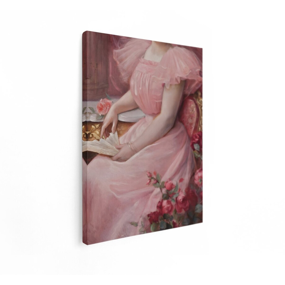 Artaza Canvas Schilderij Gedetailleerd Schilderij van een Vrouw in een Roze Jurk met een Waaier en Rozen - 90x120 cm - Groot - Wanddecoratie Woonkamer - Schilderijen - Muurdecoratie afbeelding 1