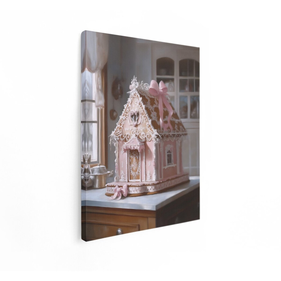 Artaza Canvas Schilderij Decoratieve Roze Peperkoekhuisje met Strikken en Gedetailleerde Versieringen - 90x120 cm - Groot - Wanddecoratie Woonkamer - Schilderijen - Muurdecoratie afbeelding 1
