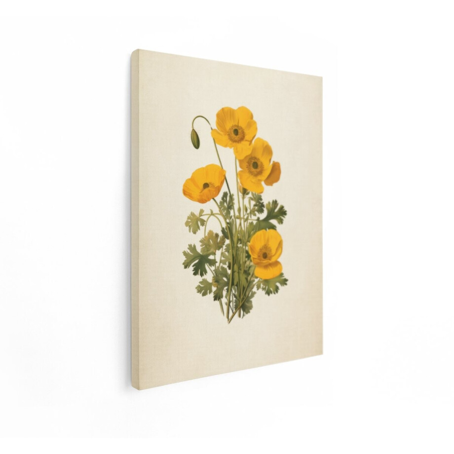 Artaza Canvas Schilderij Gele Klaprozen met Bladeren op een Lichte Achtergrond - Botanische Illustratie - 30x40 cm - Klein - Wanddecoratie Woonkamer - Schilderijen - Muurdecoratie afbeelding 1