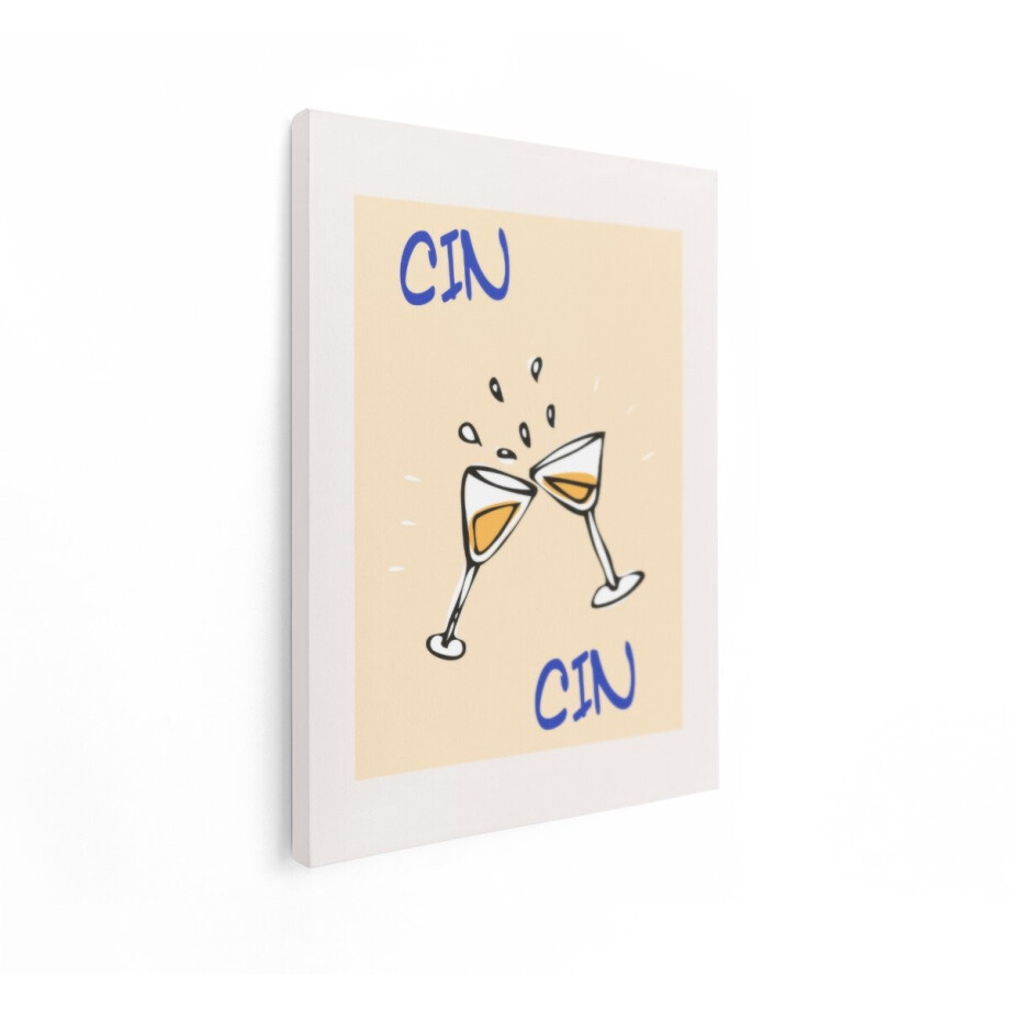 Artaza Canvas Schilderij Twee Glazen Champagne Klinken met de Tekst Cin Cin - 60x80 cm - Wanddecoratie Woonkamer - Schilderijen - Muurdecoratie afbeelding 1