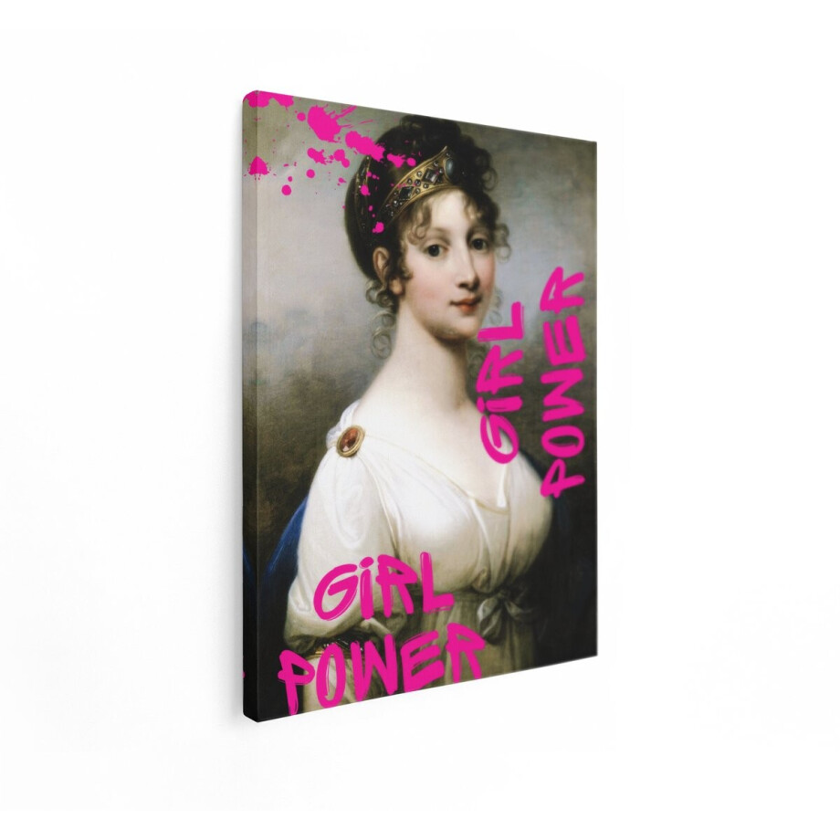 Artaza Canvas Schilderij Klassiek Portret van een Vrouw met Moderne 'Girl Power' Tekst in Felroze - 90x120 cm - Groot - Wanddecoratie Woonkamer - Schilderijen - Muurdecoratie afbeelding 1