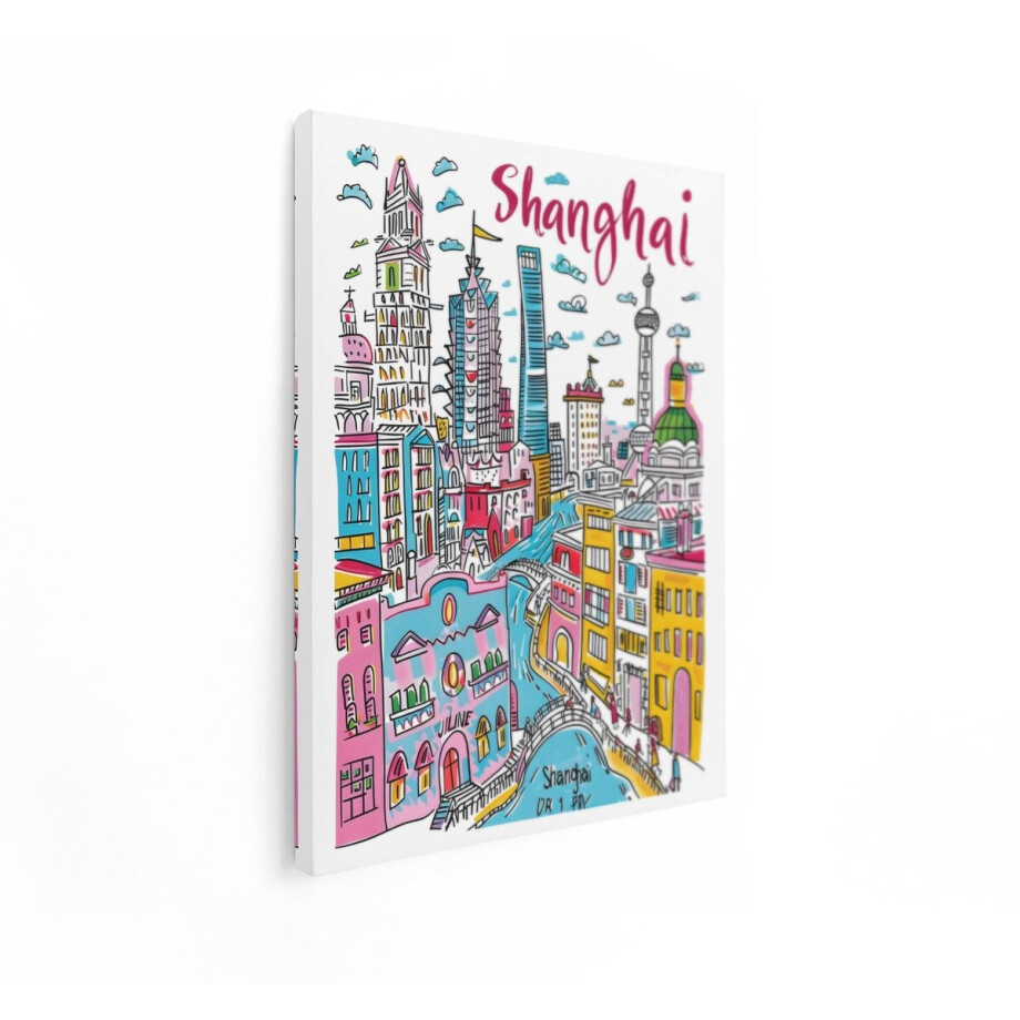 Artaza Canvas Schilderij Skyline Shanghai - 30x40 cm - Wanddecoratie Aziatisch - Muurdecoratie Kleurrijk - Decoratie Illustratie - Kamer Accessoires afbeelding 1