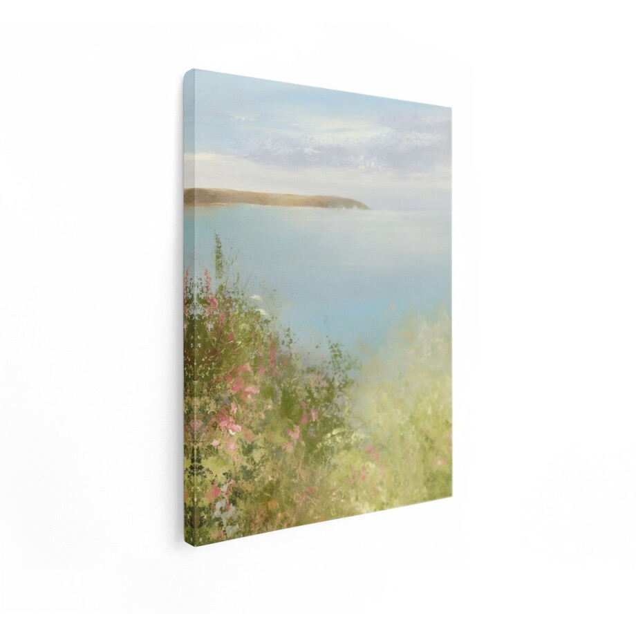 Artaza Canvas Schilderij Zomerse Kustlijn met Bloeiende Wilde Bloemen en Zachte Blauwe Lucht - 60x80 cm - Wanddecoratie Woonkamer - Schilderijen - Muurdecoratie afbeelding 1