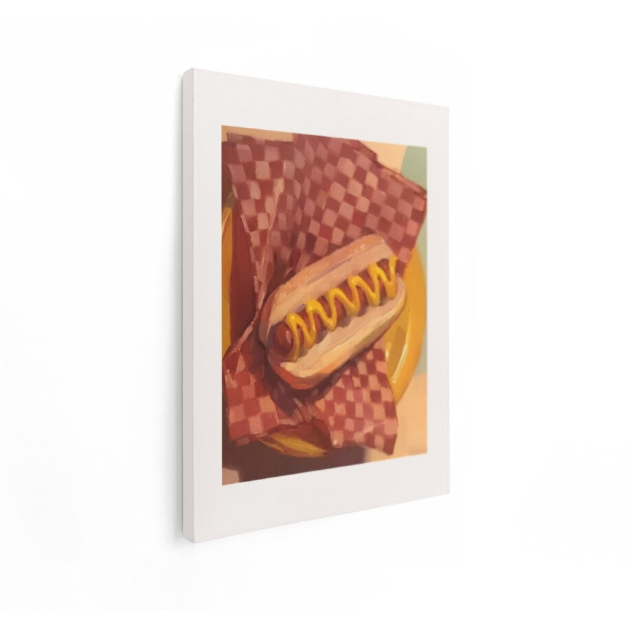 Artaza Canvas Schilderij Geverfde Hotdog met Mosterd op een Geruite Servet - een Culinair Kunstwerk - 90x120 cm - Groot - Wanddecoratie Woonkamer - Schilderijen - Muurdecoratie afbeelding 1