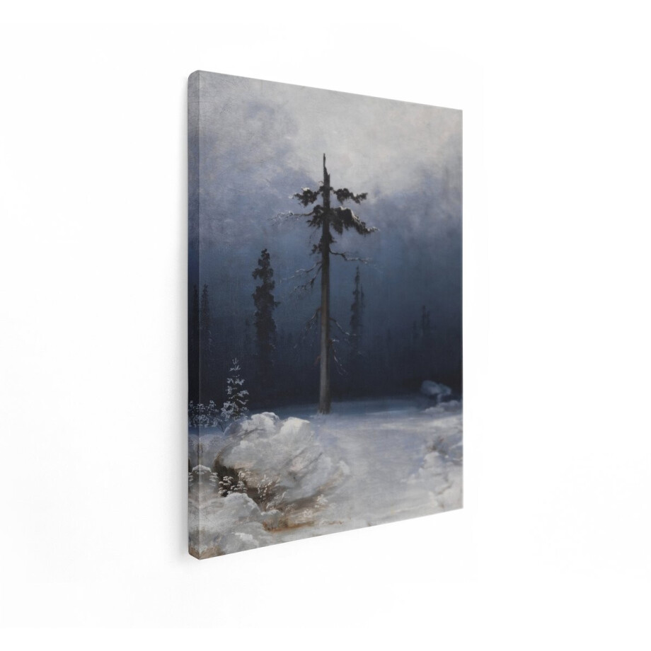 Artaza Canvas Schilderij Sombere Winterse Boslandschap met een Dode Boom en Besneeuwde Rotsen - 30x40 cm - Klein - Wanddecoratie Woonkamer - Schilderijen - Muurdecoratie afbeelding 1