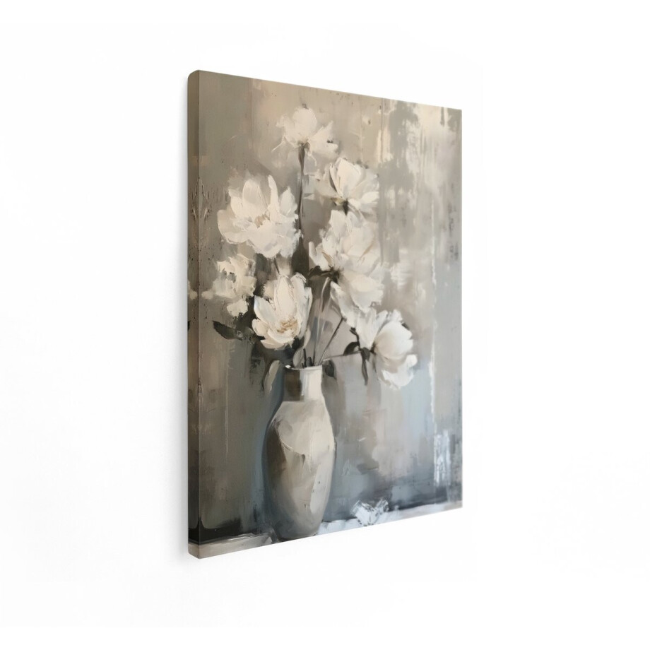 Artaza Canvas Schilderij Abstracte Schildering van Witte Bloemen in een Vaas met Textuur op de Achtergrond - 90x120 cm - Groot - Wanddecoratie Woonkamer - Schilderijen - Muurdecoratie afbeelding 1