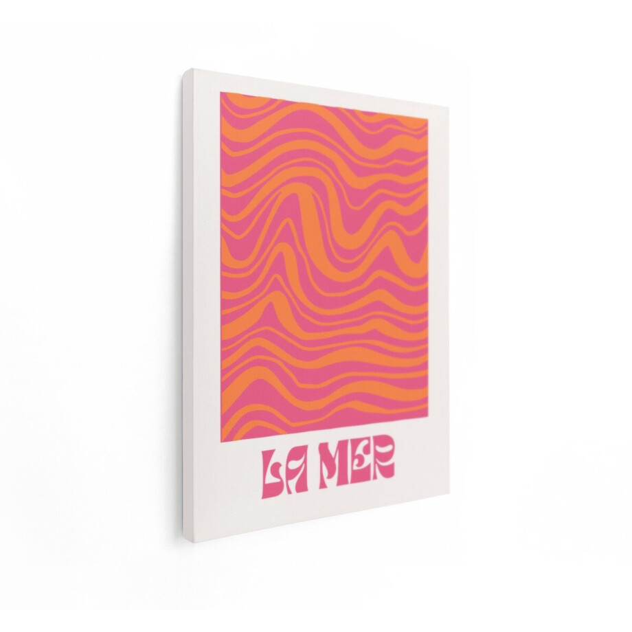 Artaza Canvas Schilderij Abstracte Golven in Roze en Oranje met Tekst 'La Mer' - 30x40 cm - Klein - Wanddecoratie Woonkamer - Schilderijen - Muurdecoratie afbeelding 1