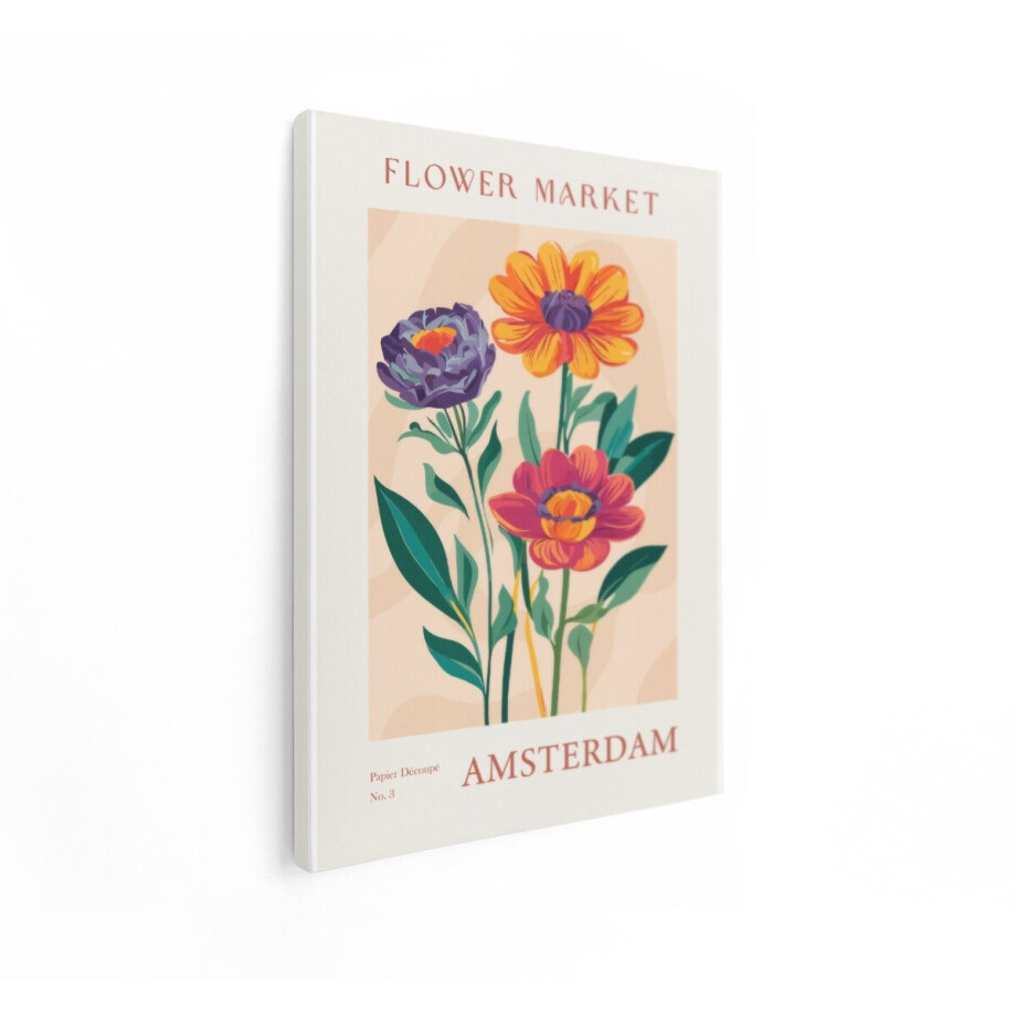 Artaza Canvas Schilderij Bloemenmarkt Poster met Levendige Bloemen en Tekst 'Amsterdam' - 30x40 cm - Klein - Wanddecoratie Woonkamer - Schilderijen - Muurdecoratie afbeelding 1