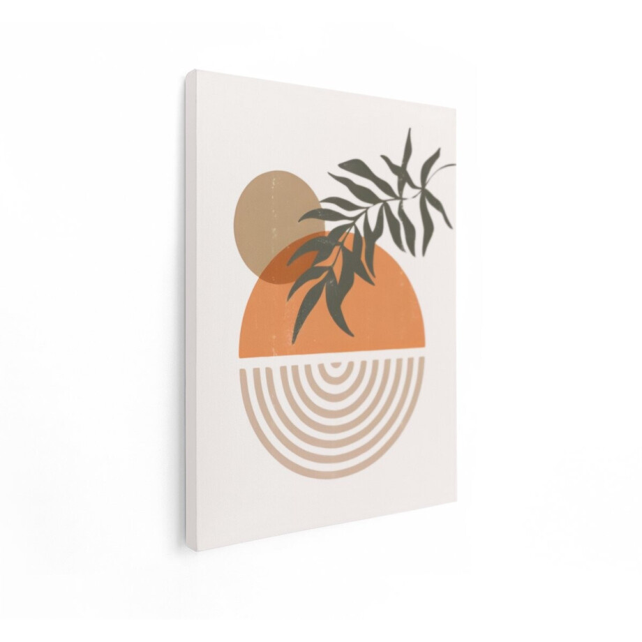 Artaza Canvas Schilderij Moderne Abstracte Kunst met Bladeren en Geometrische Vormen in Aardetinten - 60x80 cm - Wanddecoratie Woonkamer - Schilderijen - Muurdecoratie afbeelding 1