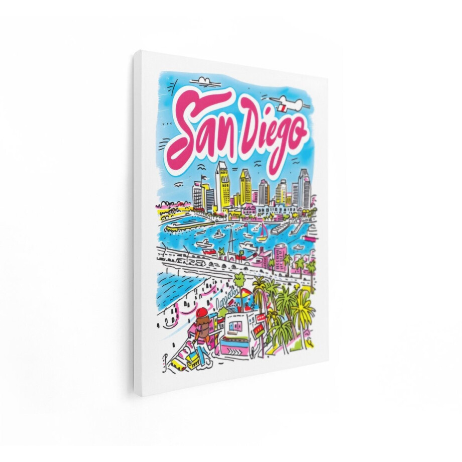 Artaza Canvas Schilderij Skyline San Diego - 30x40 cm - Muurdecoratie Pop Art - Wanddecoratie Baai - Kleurrijke Schilderijen Op Canvas afbeelding 1