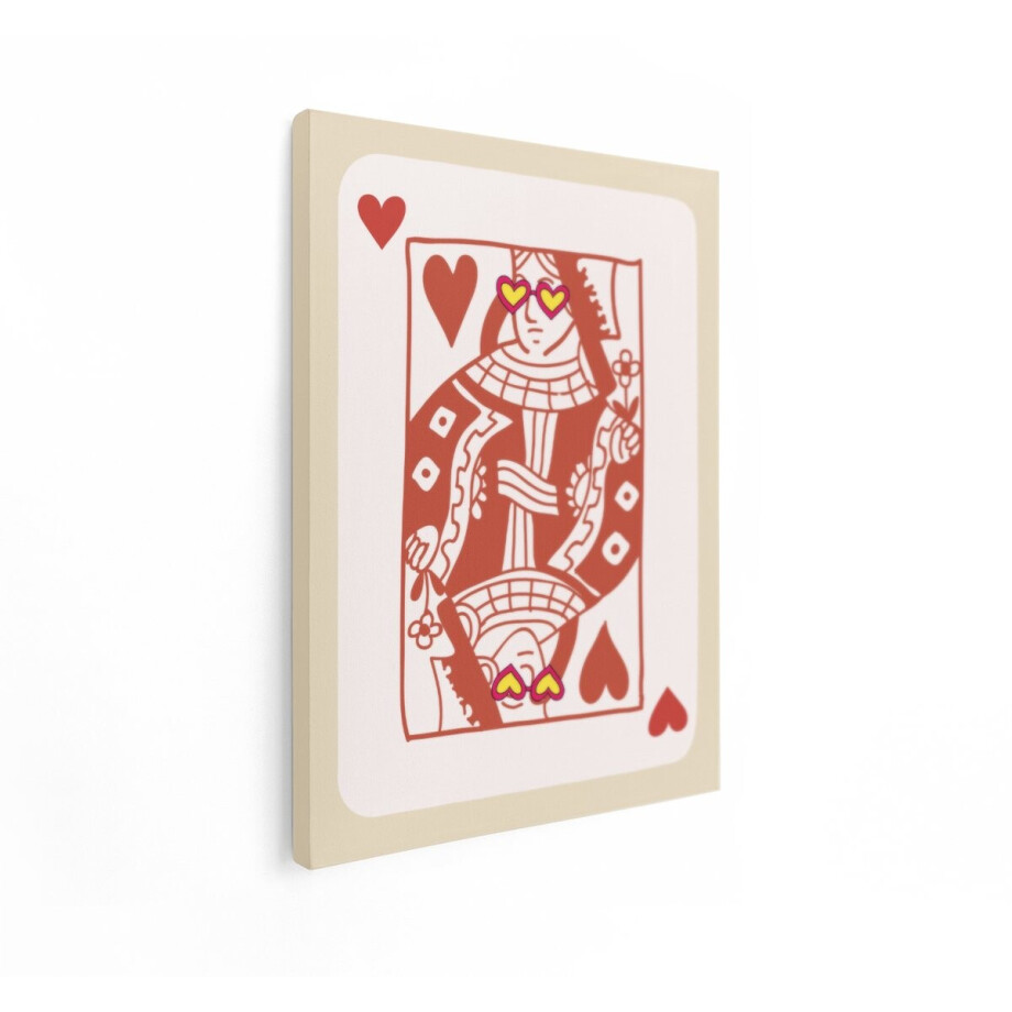 Artaza Canvas Schilderij Vrolijke Hartenkoningin met Hartjesbril en Oorbellen - Speelkaart - 90x120 cm - Groot - Wanddecoratie Woonkamer - Schilderijen - Muurdecoratie afbeelding 1